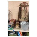 GROUP W/ CASTERS, OLD BOOKS, SLED, WINE RACK MISC