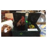 SMALL GREEN PICNIC BASKET W/ ROOSTER, S&P SHAKERS
