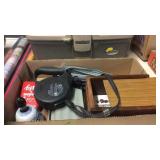 DOG RETRACTABLE LEASH, WOODEN BOX, BELL & MISC
