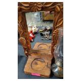 CARVED WOOD WALL MIRROR & KEROSENE LAMP