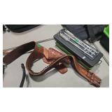 LEATHER AMMO BELT AND HOLSTER W/ GUN CLEANING KITS