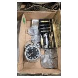 BOX OF POCKET KNIVES AND 7 BELT BUCKLES AND ALARM