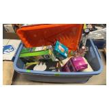 BLUE TOTE W/ LIGHT BULBS, HUSKY SPRAY GUN, PAINT