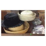 GROUP OF LADIES HATS & BAG OF NECKLACES & BUTTONS