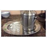 COMPOST BUCKET, SILVER TRAY & SHOT GLASSES
