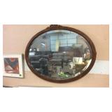 ANTIQUE OVAL OAK FRAMED BEVELED MIRROR