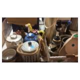 2BX W/ TEA POTS, WINE SET, LAMP, STONEWARE CUPS