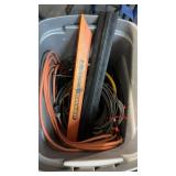 GRAY TOTE W/ EXTENSION CORDS & MISC
