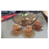 AMBER GLASS BOWL & 3 CANDLE STICKS
