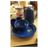 GROU OF BLUE GRANITE WARE DISHES & COFFEE POT