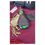POWDER FLASK, BELT BUCKLE & BUCKSKIN POUCH