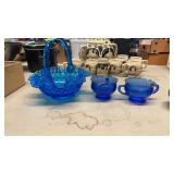 3PC BLUE GLASS ClW/FENTON BASKET & A CREAMERY &