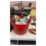 RED TUB W/ HORSE GROOMING TOOLS & SUPPLIES