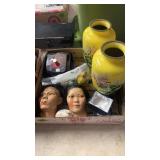 BX W/ PLASTER HEADS, 2 YELLOW CLOISENE VASES &