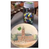 HAND PAINTED PLATE & JAR W/ MARBLES & DICE