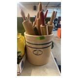 2 GAL STONEWARE CROCK W/ 10 VINTAGE ROLLING PINS