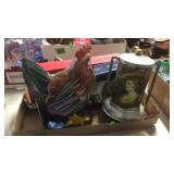 CARVED WOOD ROOSTER, 2 TEA SETS & TEA TIN