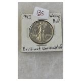 1943 WALKING LIBERTY SILVER HALF DOLLAR, BRILLIAN