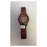 SKELETON FACED MENS WOOD CASE & BAND WRIST WATCH