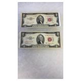 2 1953C SERIES JEFFERSON TWO DOLLAR RED LABEL BILL