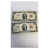 2 1953 SERIES JEFFERSON TWO DOLLAR RED LABEL BILLS