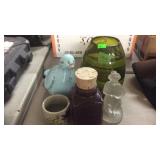 GREEN ART GLASS VASE, BIRD & MISC ITEMS
