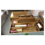 SMALL SEWING KIT, THIMBLES & BOX W/ THREAD