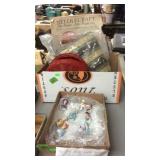 SEWING BASKET, FABRIC, MISC & AVON LADIES OF