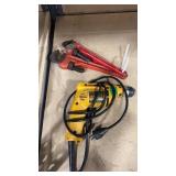 DEWALT CORDED HAMMER DRILL AND 2 PIPE WRENCHES