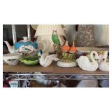 GROUP OF BIRDS, HAND PAINTED BOWL. TEAPOT & MISC