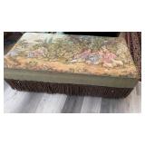 TAPESTRY COVERED UPHOLSTERED TASSELED BENCH