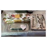 2 SERVING FORKS, STAINLESS BUTTER DISH & STAINLESS