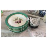 GROUP OF GREEN RIM PLATES, CAST IRON CATS