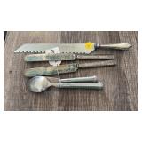 GROUP OF PEWTER SPOON, STERLING HANDLE CAKE KNIFE