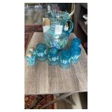 HAND PAINTED BLUE GLASS PITCHER, 5 GLASSES W/ SALT