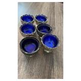 6 KOBALT BLUE & SILVER PLATE SALT DIPS