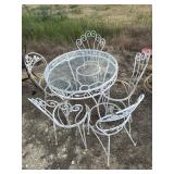 WHITE IRON PATIO SET, TABLE AND 3 MISMATCHED CHAIS