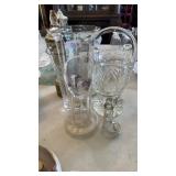 GLASS BASKET, 2 VASES, LIQUOR BOTTLE &