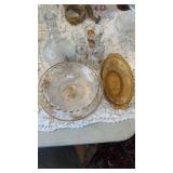 7 PCS OF GLASSWARE W/ CRYSTAL & AMBER ETCHED VASE