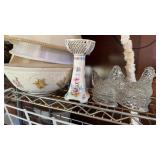 HADN PAINTED BOWL, CANDLESTICK & 2 CLEAR HENS ON