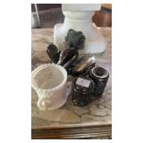 SILVER PLATE SALT & PEPPERS, MILK GLASS TOOTHPICK