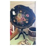 TILT TOP HAND PAINTED METAL TABLE W/ WOOD BASE