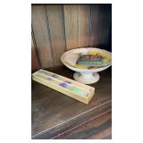 CANDLES, HAND PAINTED PEDESTAL DISH, A LID