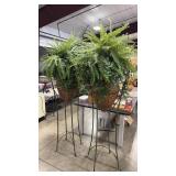 2 - PORCH STANDS W/ WICKER BASKETS & FAUX FERNS