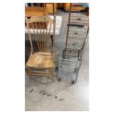 WOOD ANTQ CHAIR & 2 UTILITY CARTS & STORAGE RACK