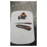 2 FIXED BLADE KNIVES AND CAST IRON HATCHET HEAD