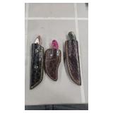 3 DAMASCUS FIXED BLADE KNIVES W/ SHEATHS
