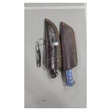 2 DAMASCUS FIXED BLADE KNIVES AND POCKET KNIFE W/