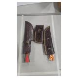 2 DAMASCUS FIXED BLADE KNIVES AND POCKET KNIFE W/