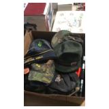 BX OF HATS & FISHING PACK ROD, CAMO CLOTHING